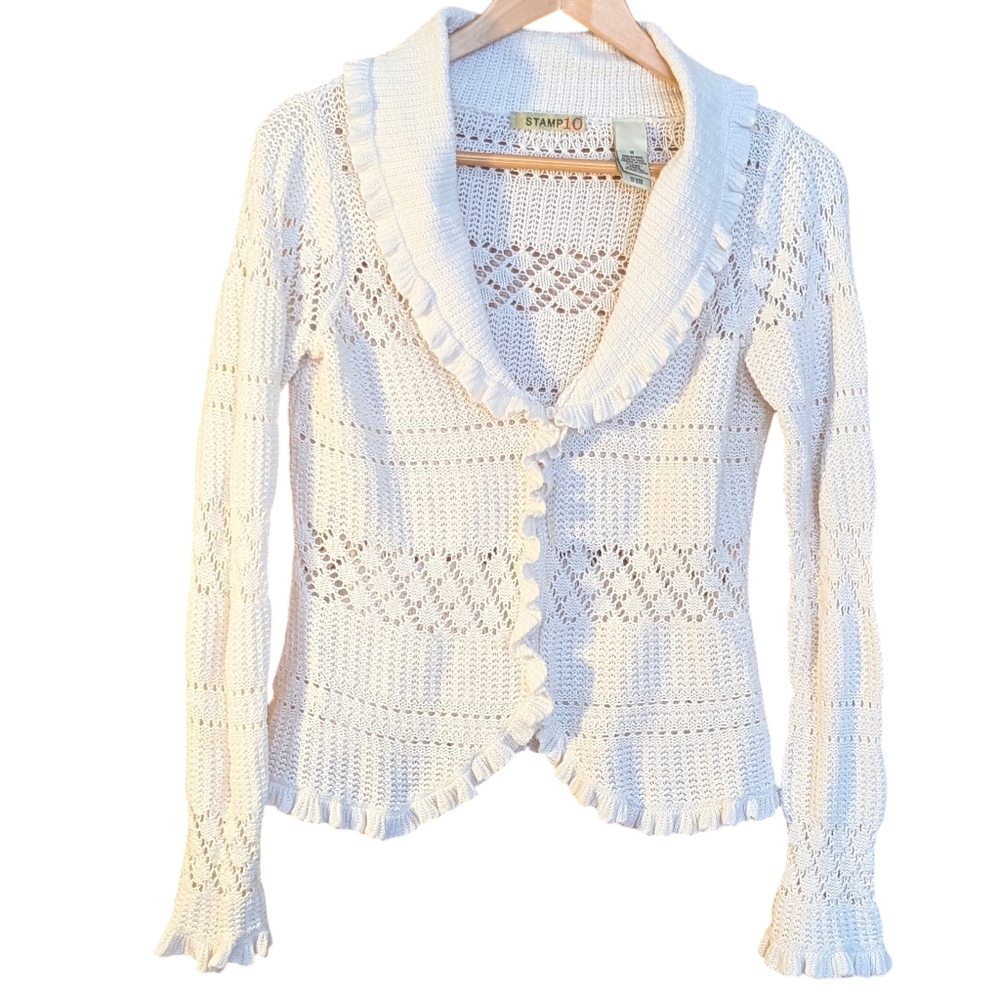 Stamp 10 Loose Knit White Cardigan M Cottagecore Romantic Fairy